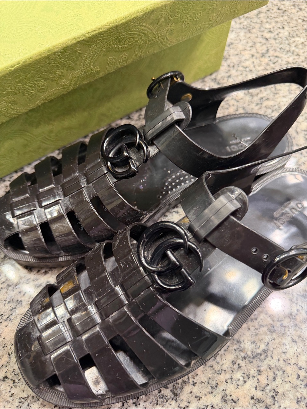 Gucci Black Jelly Woven Slingback Sandals with Interlocking G - Picture 2 of 8